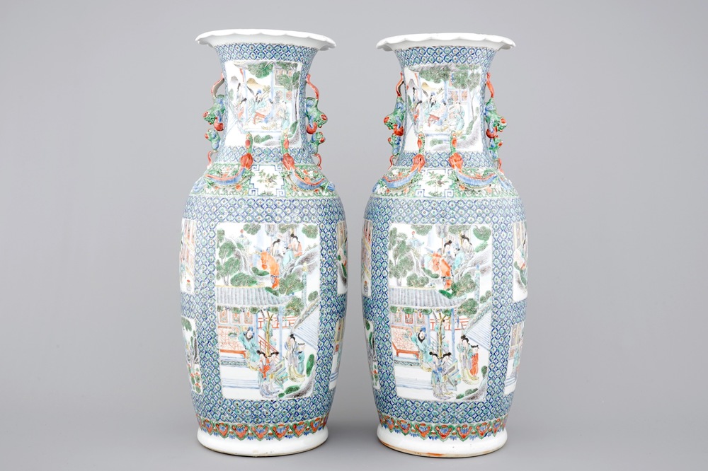 A pair of Chinese porcelain Canton famille verte vases, 19th C.
