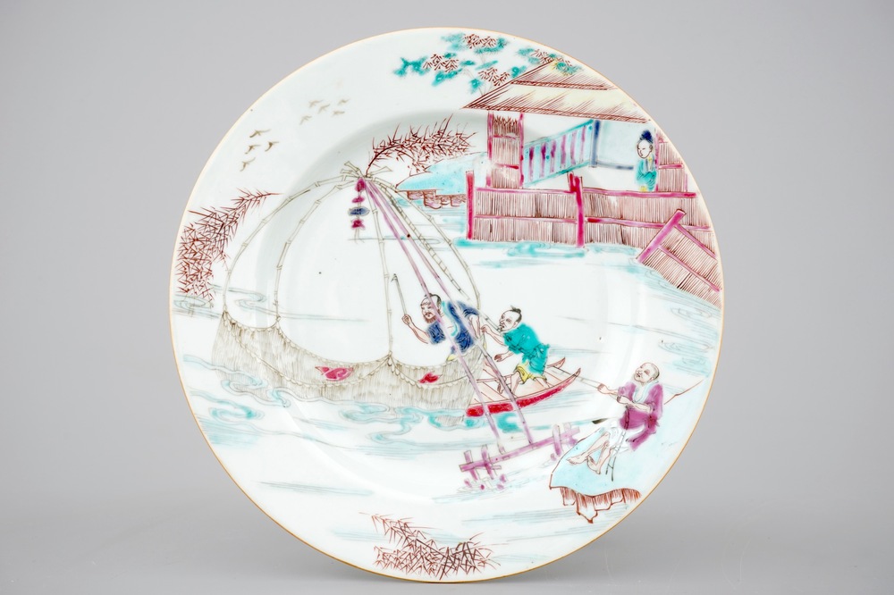 A fine and rare Chinese famille rose porcelain "Fishing" plate, Yongzheng, 1722-1735