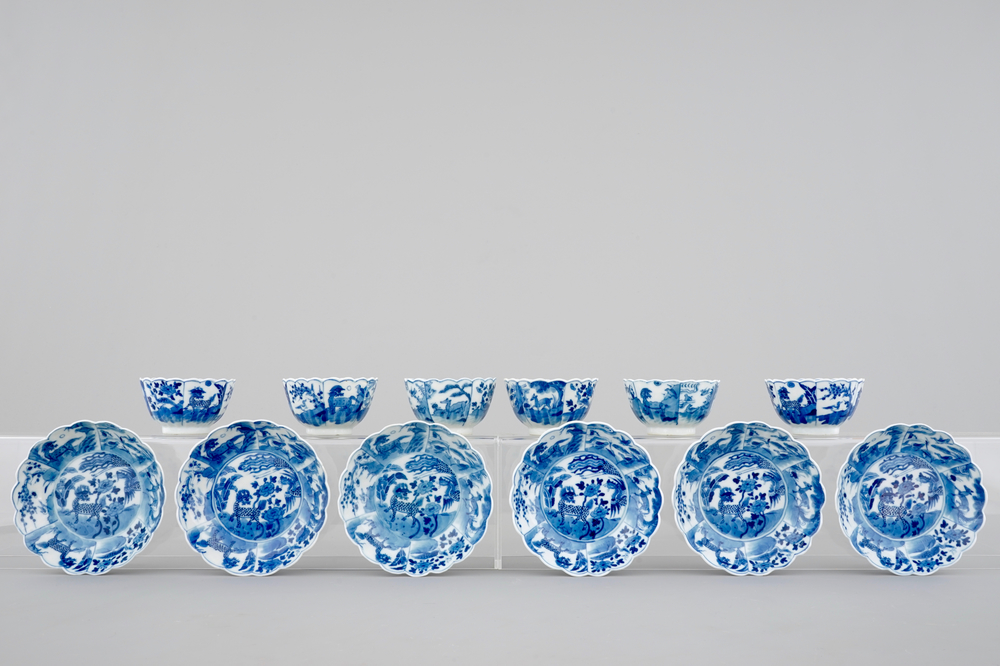 A set of 6 Chinese blue and white cups and saucers, Kangxi, ca. 1700