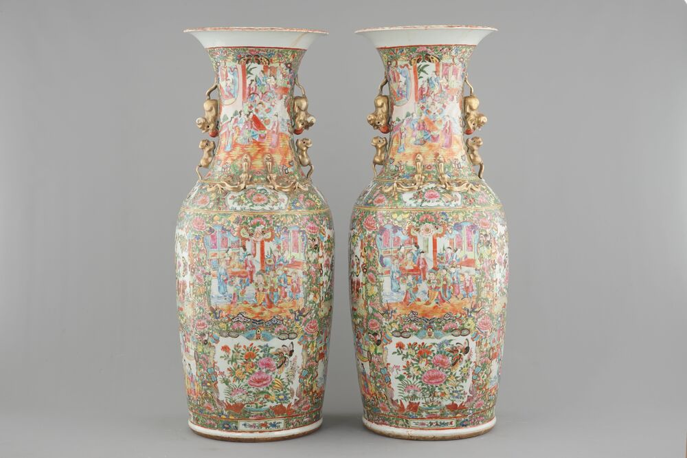A massive pair of Chinese Canton famille rose floor vases, 19th C.
