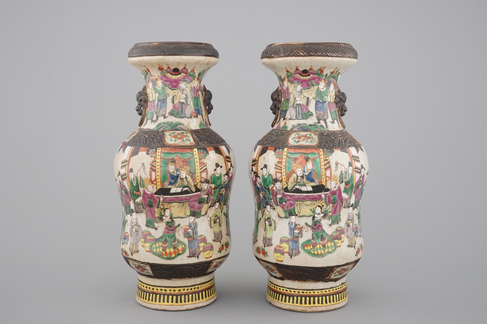 A tall pair of Chinese famille verte crackle glaze vases, Nanking, 19th C.