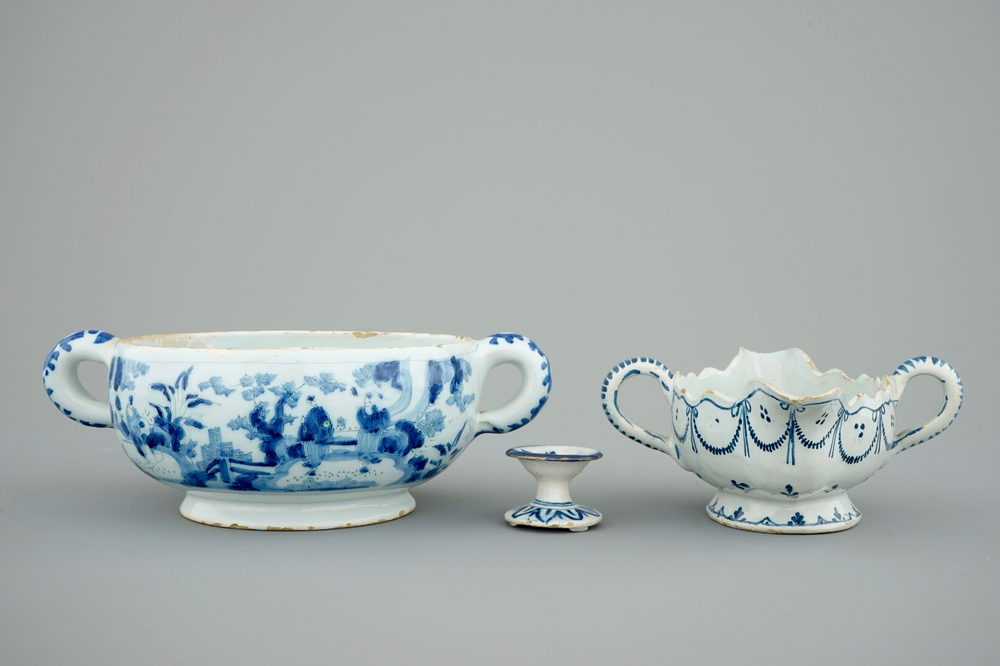 Une sauci&egrave;re, une sali&egrave;re et un bol &agrave; vin chaud, fa&iuml;ence de Delft, 17/18&egrave;me