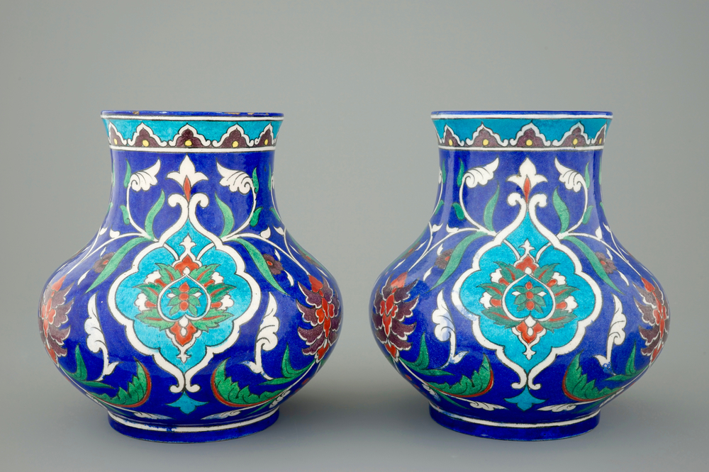 A pair of Theodore Deck Iznik style vases, 1875-1880