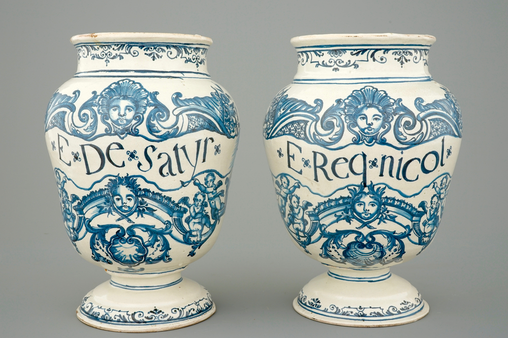 A pair of footed pharmacy jars, France, 18th C.