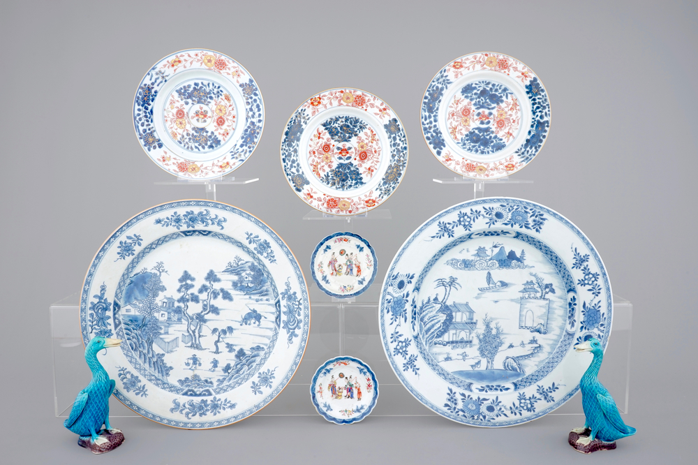 Two large blue and white dishes, 3 Imari plates, two mandarin saucers, all 18th C. and two ducks, 19/20th C.