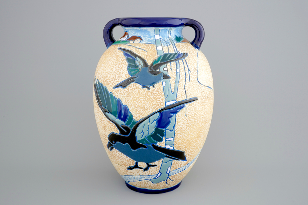 A Czech Amphora art deco vase with birds, early 20th C.