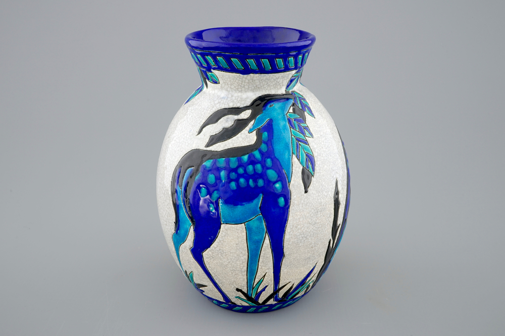 A Charles Catteau crackle glazed vase with deers for Boch K&eacute;ramis, 1st half 20th C.