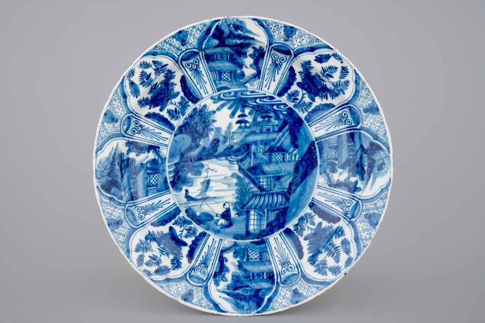 A large blue and white Dutch Delft chinoiserie dish, ca. 1700