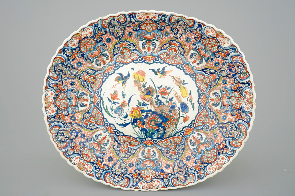A fluted oval Dutch Delft dish in cashmere palette, ca. 1700