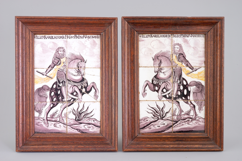 Een paar tegeltableaus met afbeelding van Willem IV te paard, 18e eeuw