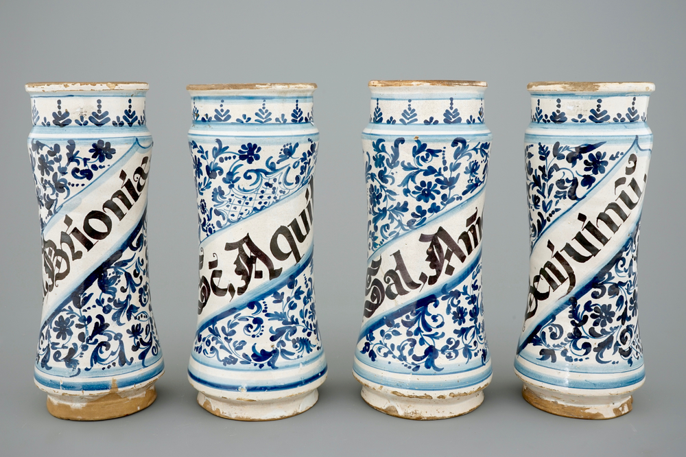 A set of four tall Spanish blue and white albarelli, 18th C.