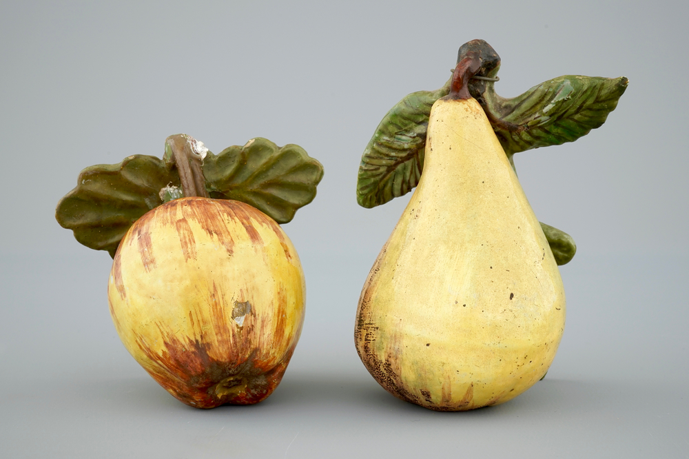 A polychrome Dutch Delft apple and a pear, 18th C.