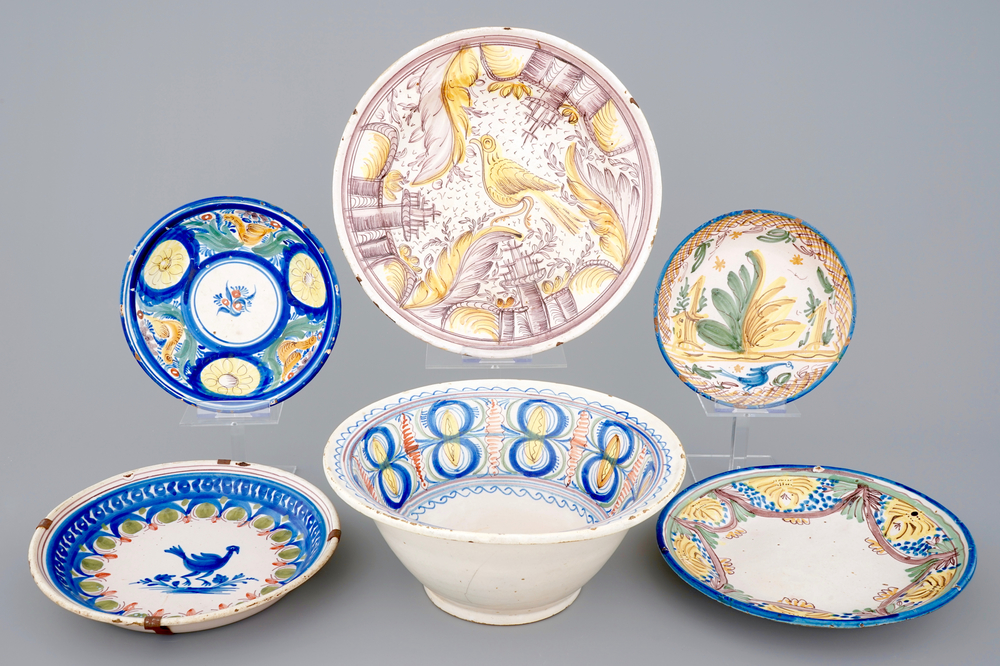 19th C. Spanish Talavera ceramics: five dishes and a bowl