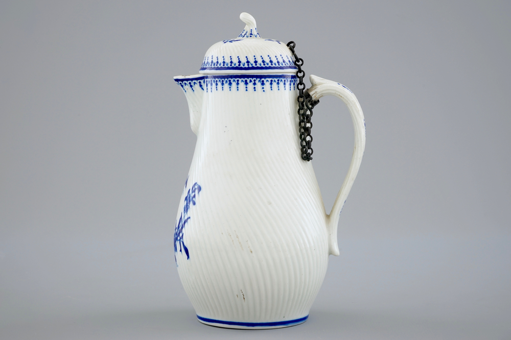 A blue and white jug and cover, Tournai porcelain, 18th C.