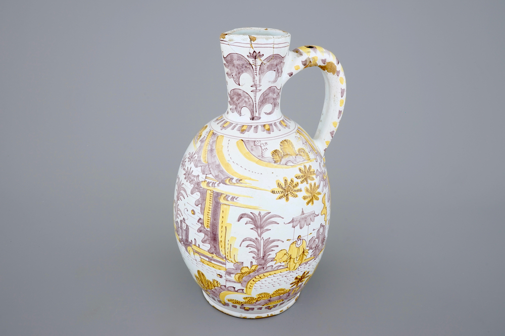 A large yellow and manganese chinoiserie jug, Frankfurt or Delft, 17th C.