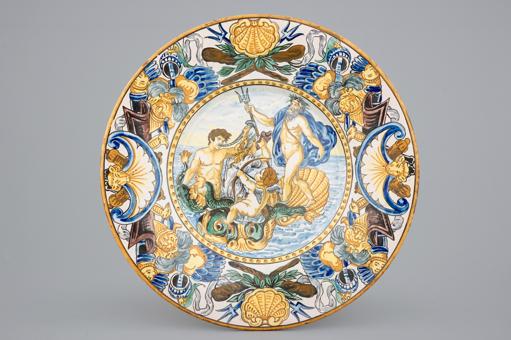 A large Italian maiolica dish with Poseidon and Triton, 20th C.