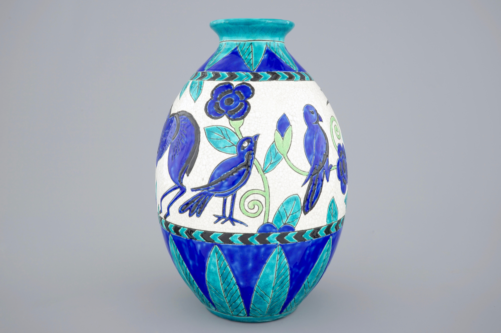 A Charles Catteau crackle glazed vase with birds for Boch K&eacute;ramis, 1st half 20th C.
