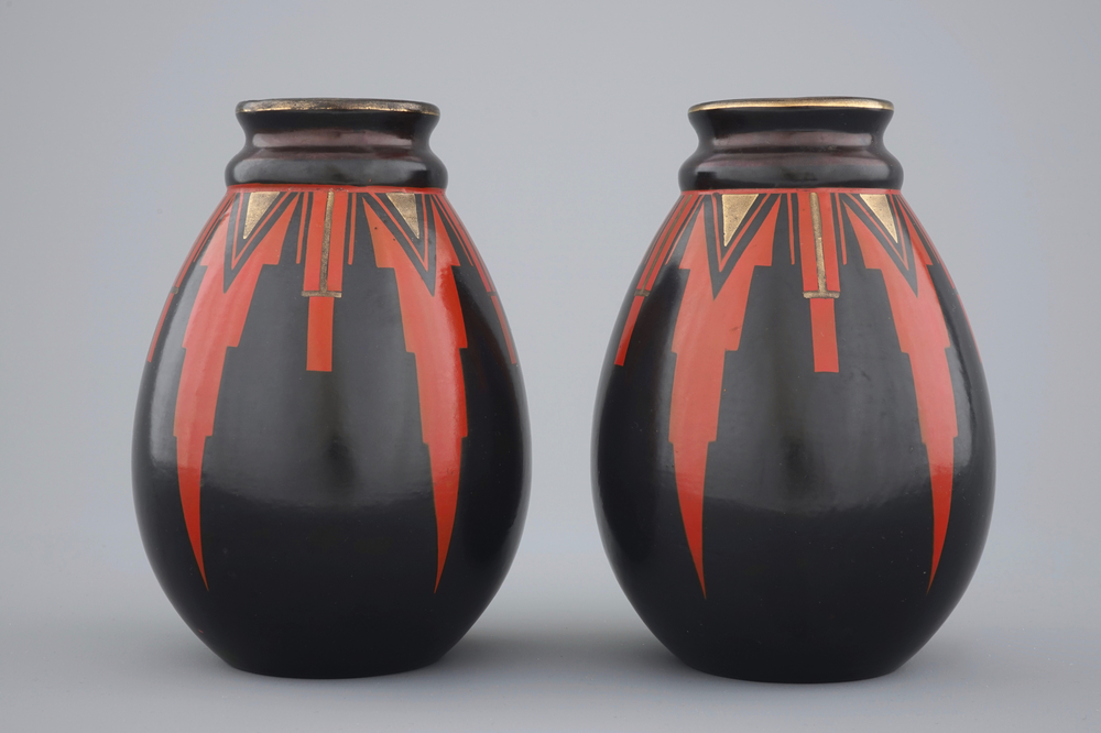 A pair of geometrical art deco vases, Saint-Ghislain, Belgium, ca. 1930