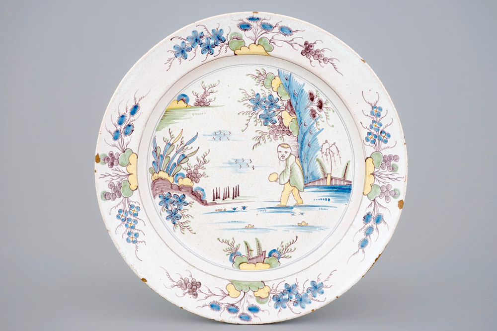A polychrome chinoiserie dish, Saint-Amand-les-Eaux, France, 18th C.