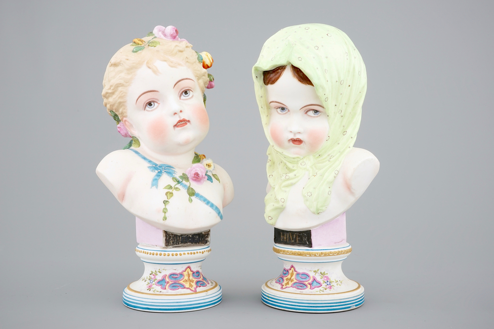 A pair of polychrome allegorical biscuit busts, Vion et Baury, Paris, 19th C.