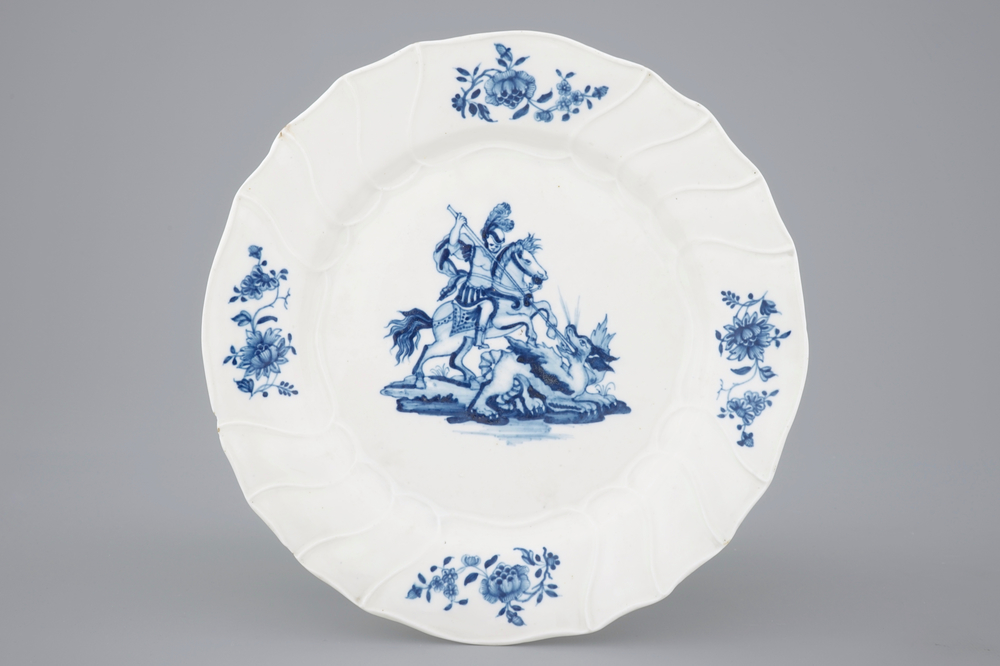 A Tournai porcelain plate with Saint-Georges fighting the dragon, late 18th C.