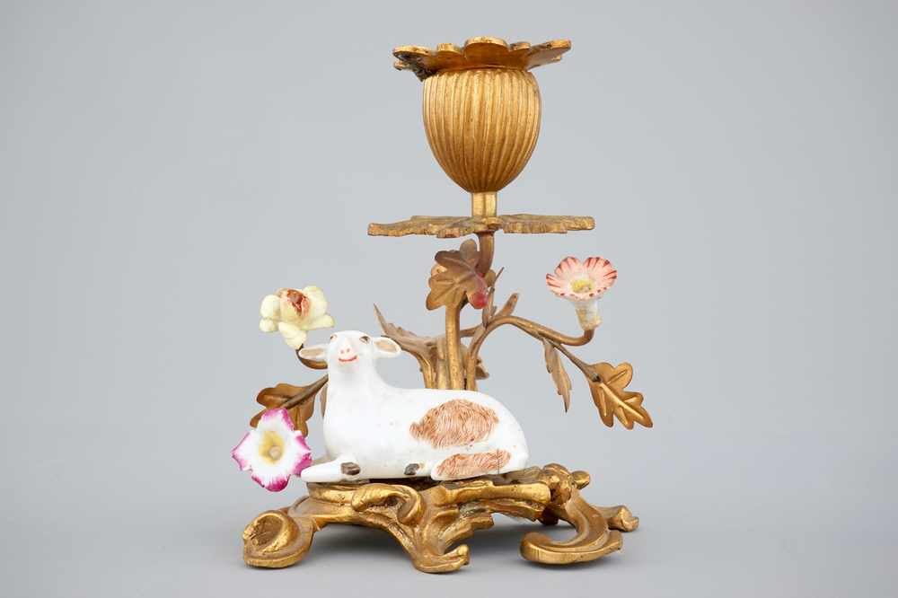 A Meissen porcelain sheep with gilt bronze candelabra mount, 19th C.