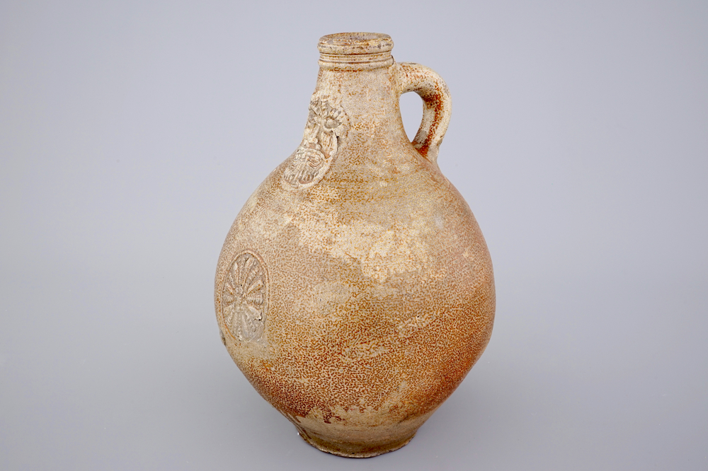 A large brown-glazed stoneware bellarmine jug, 17/18th C.