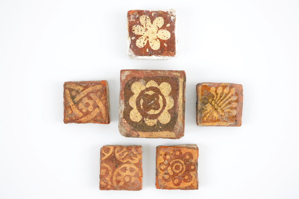 A set of 6 medieval tiles, probably Flemish, 14th C.