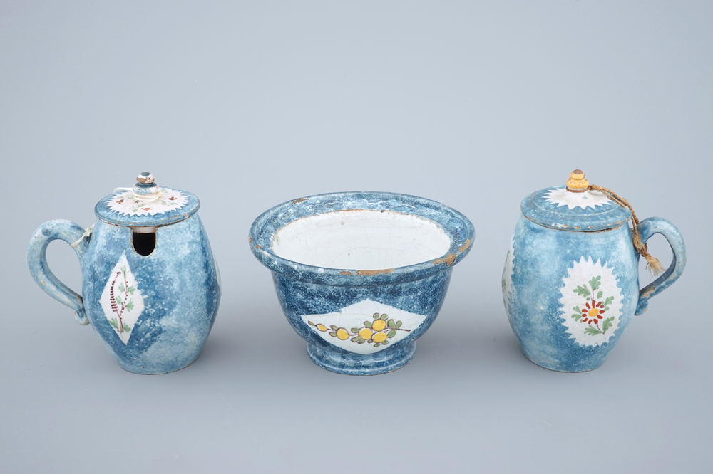2 Brussels faience blue ground mustard jugs and a bowl, 18th C.