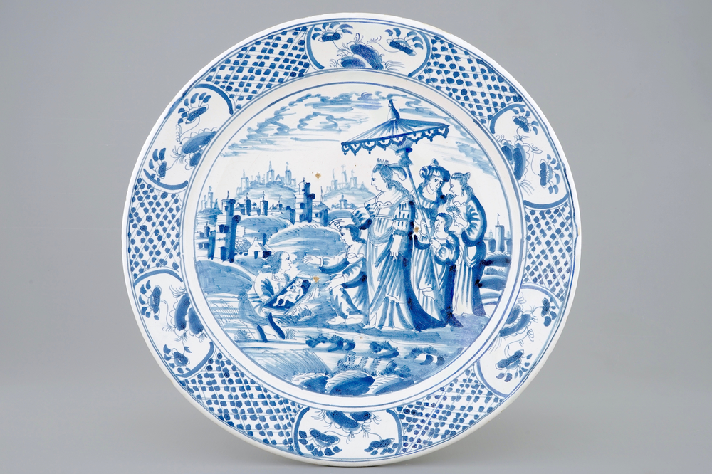 A large blue and white dish with biblical scene, Harlingen, Friesland, 18th C.