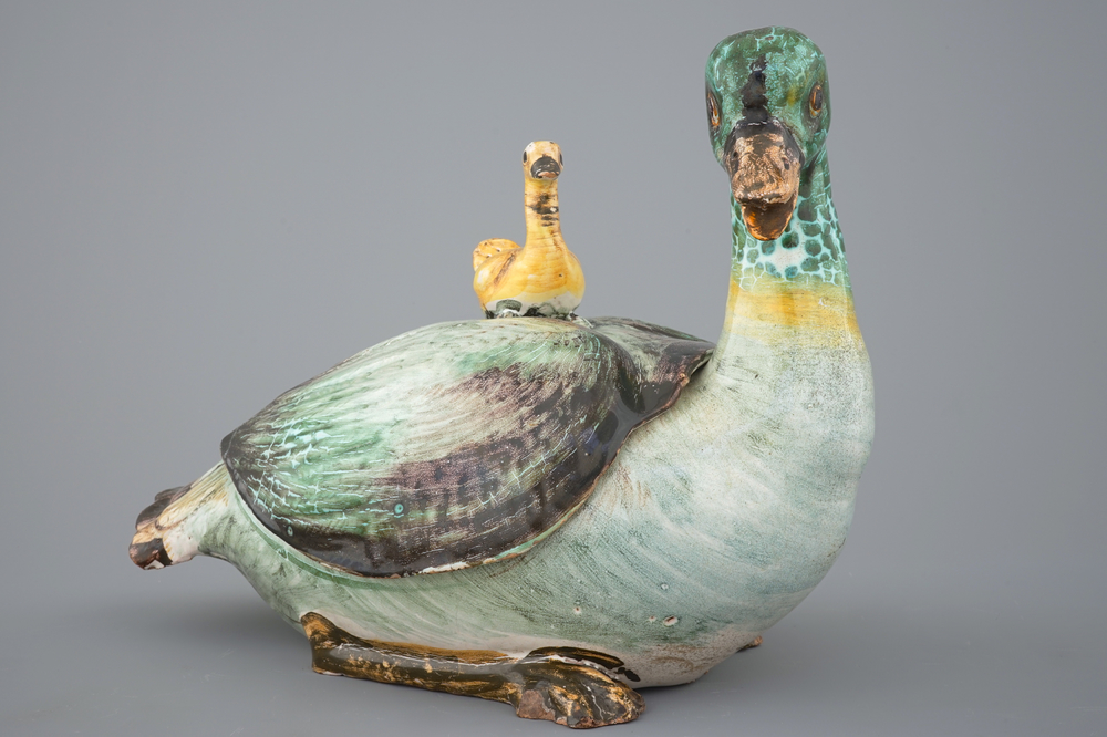 A polychrome duck-shaped tureen and cover, prob. Brussels, 18th C.