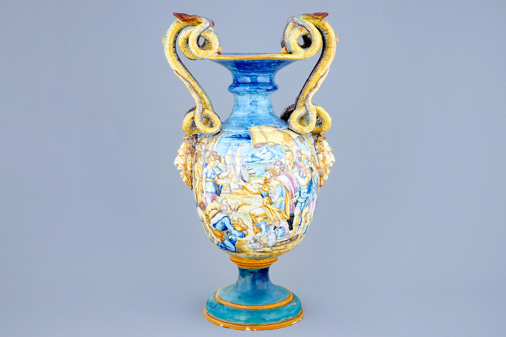 A tall Italian maiolica two-handled vase, 19th C.