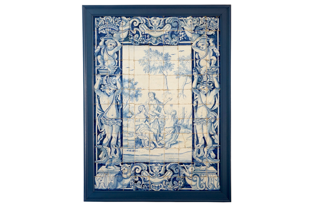 Een groot blauw-wit Portugees tegeltableau met mythologisch decor, 17e eeuw