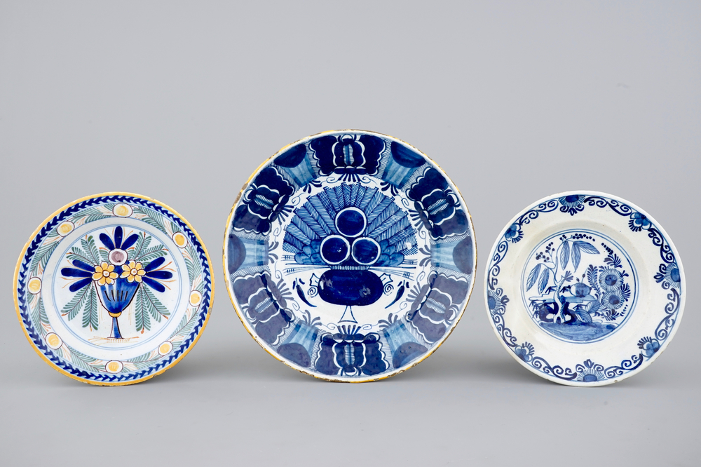 3 Dutch Delft dishes, blue, white and polychrome, 18th C.