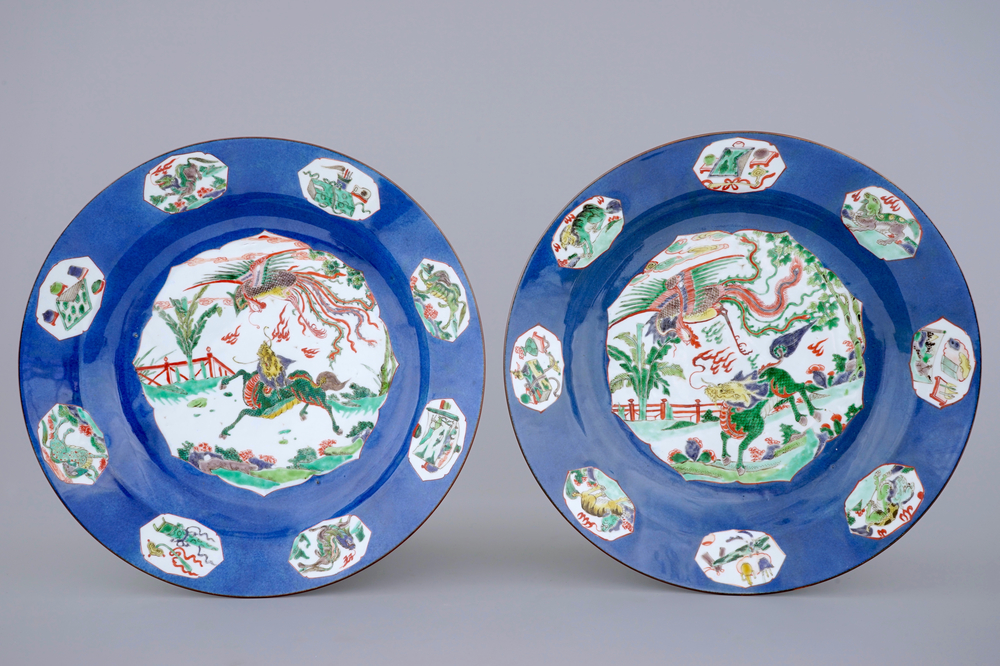 A pair of large Chinese famille verte blue ground dishes, Kangxi