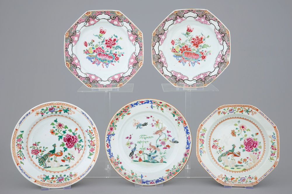 A collection of five Chinese famille rose plates, 18th C.
