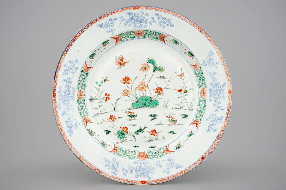A Chinese famille verte dish with ducks in a pond, Kangxi