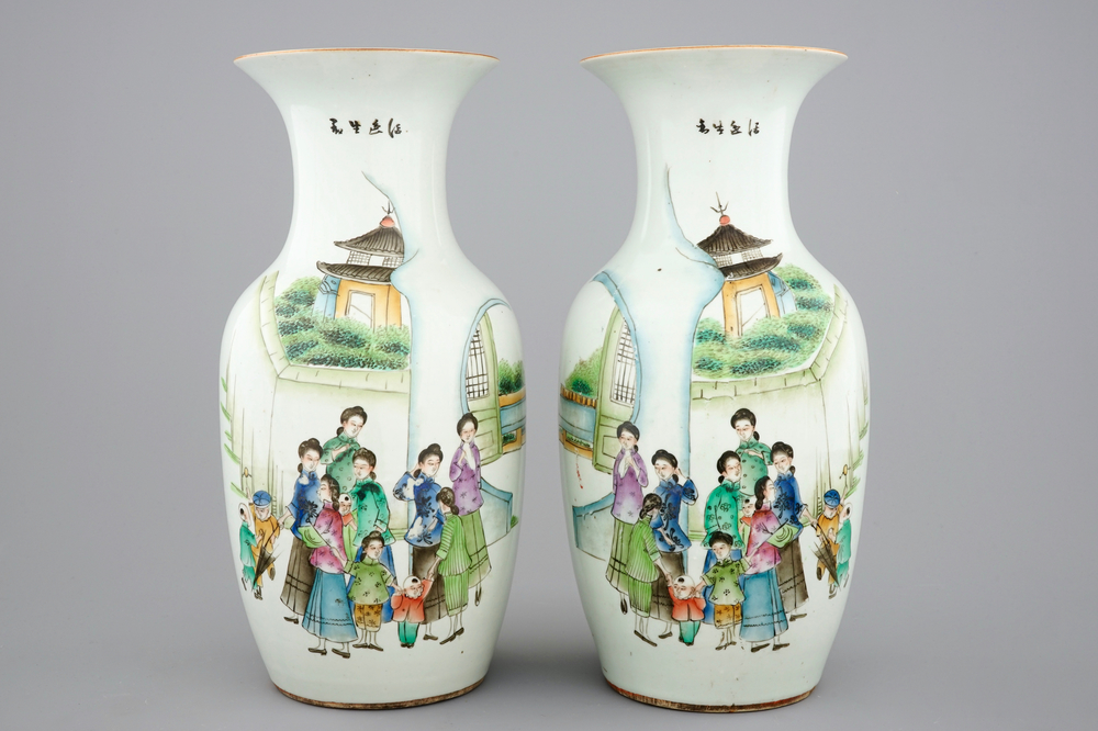 A pair of Chinese famille rose vases with "Shanghai" design, 19/20th C.