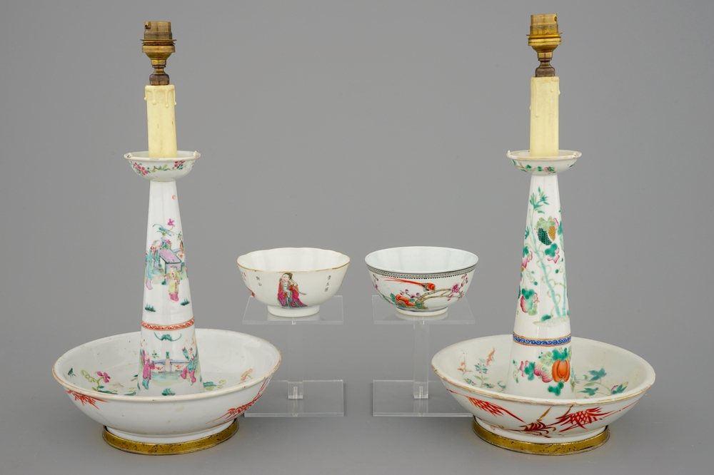 Two Chinese famille rose bowls and two candlesticks, 19th C.