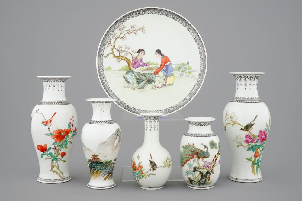 Five Chinese famille rose vases and a dish, Republic, 20th C.