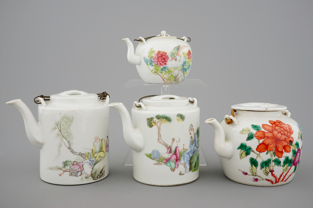 Four Chinese famille rose teapots, 19/20th C