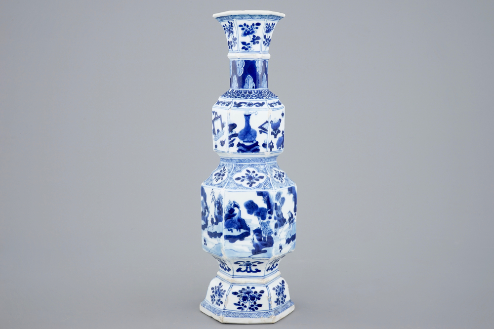 A Chinese blue and white hexagonal vase, Kangxi