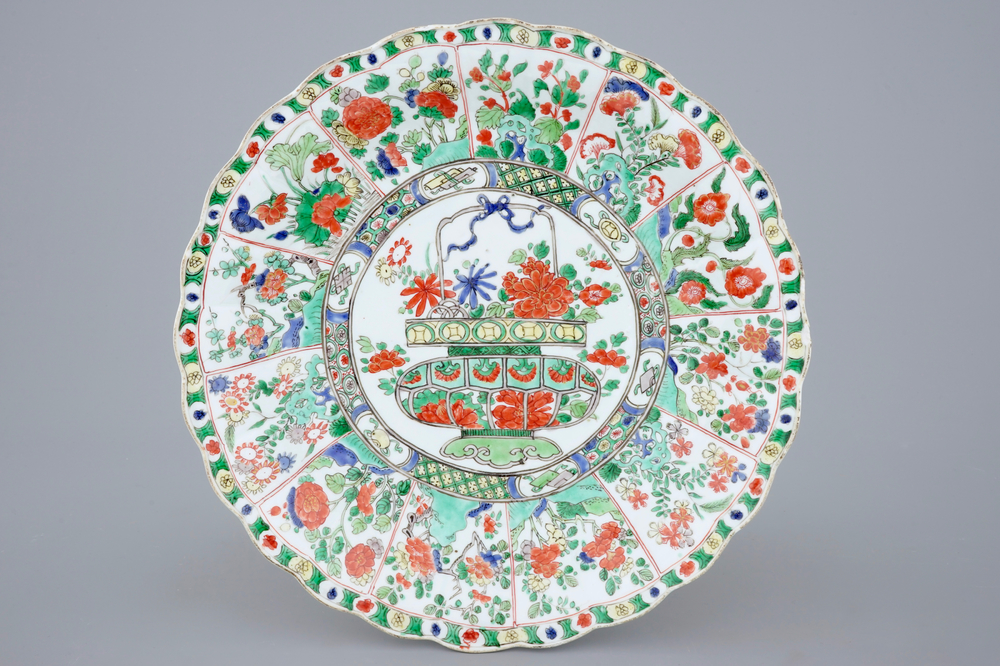 A large Chinese famille verte dish with a flower basket, Kangxi