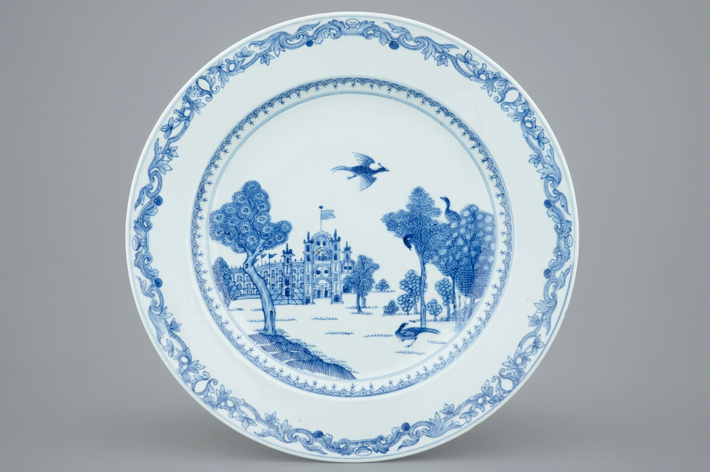 A blue and white Chinese export porcelain "Burghley House" dish, ca. 1745