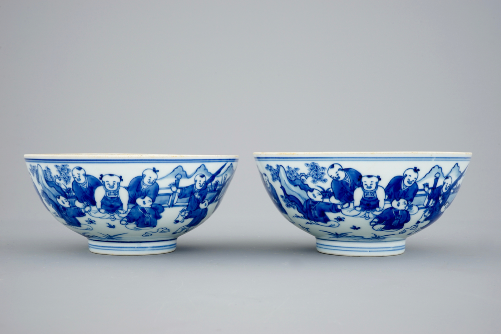 A pair of Chinese blue and white "Boys" bowls, Kangxi