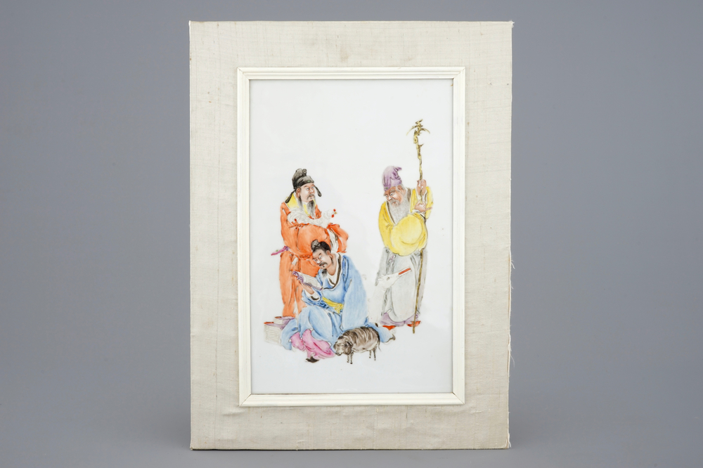 A Chinese famille rose plaque with immortals and animals, early 20th C.