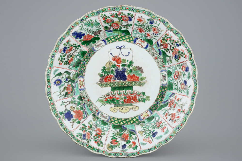 A large Chinese famille verte dish with a flower basket, Kangxi