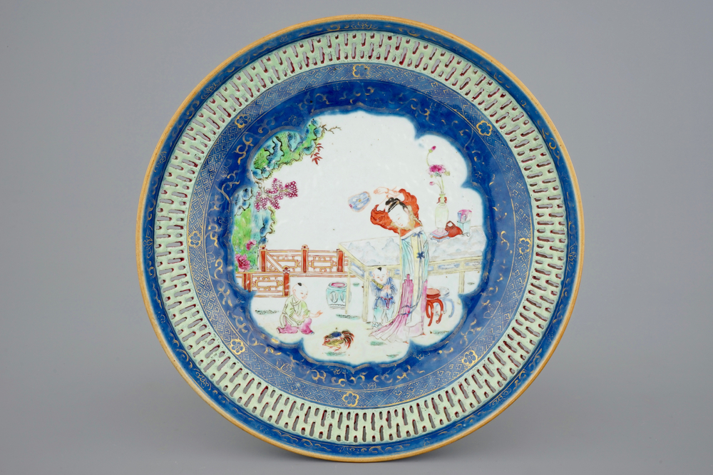 A large Chinese famille rose pierced rim dish, Qianlong