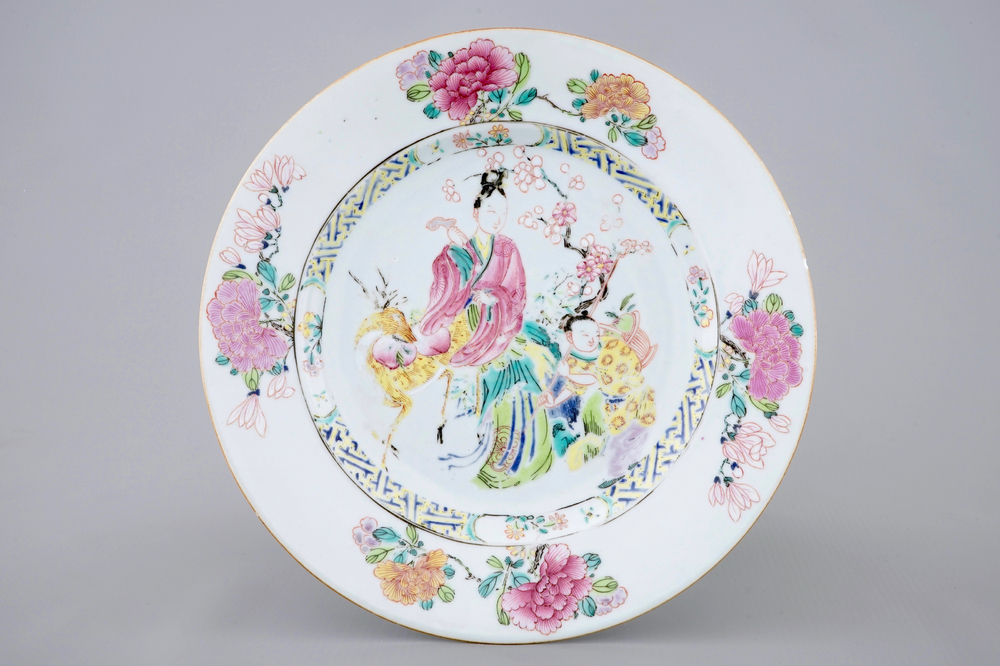 A Chinese famille rose plate with a lady on a deer, Yongzheng, 1723-1735
