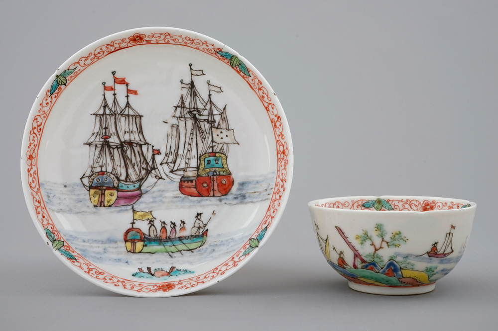 Een Chinese kop en schotel met Amsterdams bont decor van schepen, 18e eeuw